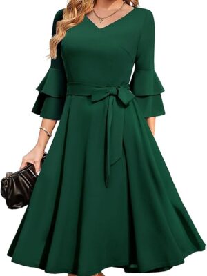 Women's Plus Size 3/4th Bell Sleeves Bridesmaid Dresses （Bottle Green）