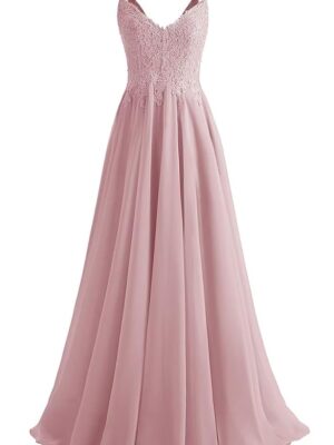 V-Neck Bridesmaid Dresses for Women 2024 Lace Appliques Chiffon Prom Dress Formal Evening Party Gowns（Pink）