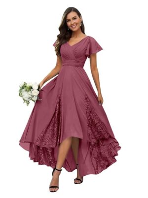 Tea Length Mother of The Bride Dresses for Wedding 2024 Lace Ruffle Sleeves Chiffon Ruched Bridesmaid Formal Dress