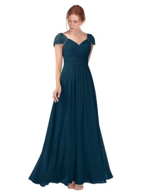 Women's Lace V Neck Prom Dress Long Chiffon Bridesmaid Dresses Formal Evening Gowns（Steel Blue）