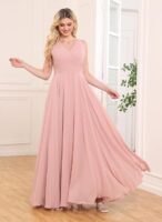 Women's V-Neck Chiffon Bridesmaid Dress Long A-line Formal Evening Prom Gowns（Pink）