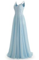 V-Neck Bridesmaid Dresses for Women 2024 Lace Appliques Chiffon Prom Dress Formal Evening Party Gowns（Blue）