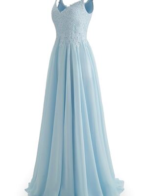 V-Neck Bridesmaid Dresses for Women 2024 Lace Appliques Chiffon Prom Dress Formal Evening Party Gowns（Blue）