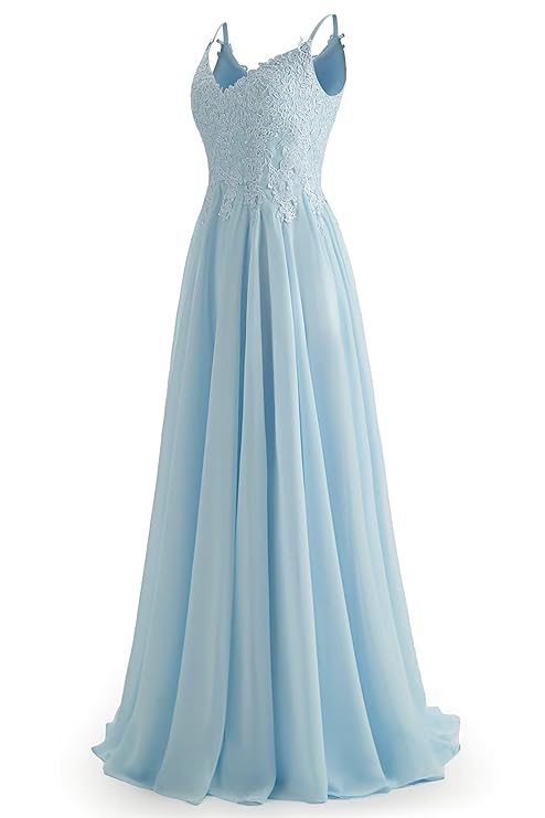 V-Neck Bridesmaid Dresses for Women 2024 Lace Appliques Chiffon Prom Dress Formal Evening Party Gowns（Blue）