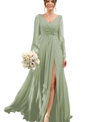 Chiffon Bridesmaid Dresses 2024 for Women with Slit V Neck Long Sleeve Flowy Formal Dresses with Pockets RO001 （Green）