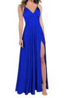 V Neck Prom Dress Satin Bridesmaid Dresses Long Slit Formal Evening Gowns for Women HS001