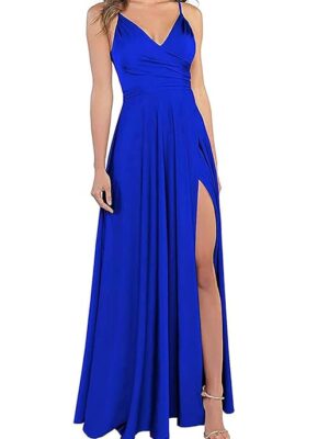 V Neck Prom Dress Satin Bridesmaid Dresses Long Slit Formal Evening Gowns for Women HS001