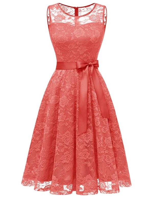 Women's Floral Lace Dress Short Bridesmaid Dresses with Sheer Neckline Coral