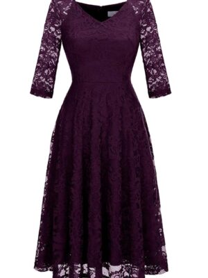 Long-Sleeve A-Line Lace Bridesmaid Dress Midi for Wedding Formal Party |Grape2 |XL