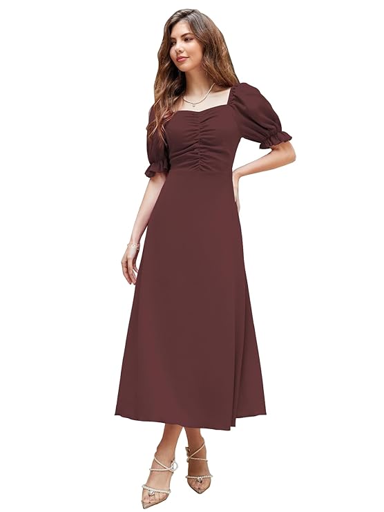 Girl's & Women's Solid A-Line Ruched Puff Sleeve Maxi Long Evening One Piece Long Dress for Women Stylish (Brown)