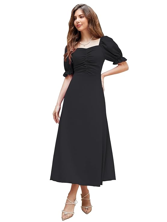 Girl's & Women's Solid A-Line Ruched Puff Sleeve Maxi Long Evening One Piece Long Dress for Women Stylish (Black)