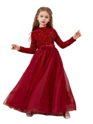 Glitter Sequins Long Sleeves Flower Girls Dresses for Wedding Tulle Birthday Party Christmas Dress for Girl (Red)