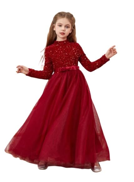 Glitter Sequins Long Sleeves Flower Girls Dresses for Wedding Tulle Birthday Party Christmas Dress for Girl (Red)
