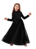 Glitter Sequins Long Sleeves Flower Girls Dresses for Wedding Tulle Birthday Party Christmas Dress for Girl (BLACK)