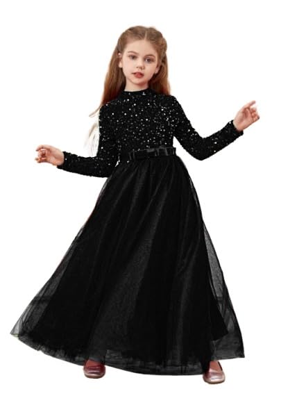 Glitter Sequins Long Sleeves Flower Girls Dresses for Wedding Tulle Birthday Party Christmas Dress for Girl (BLACK)