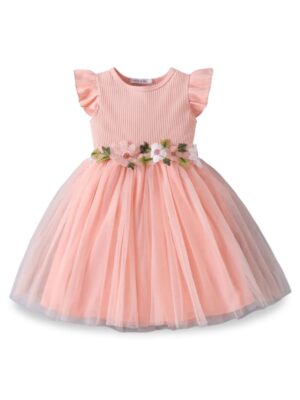 Peach Floral Tulle Dress with Ribbed Bodice, Ruffled Sleeves, 3D Flower Waistband & Soft Net Skirt for Party & Casual Wear for Girls