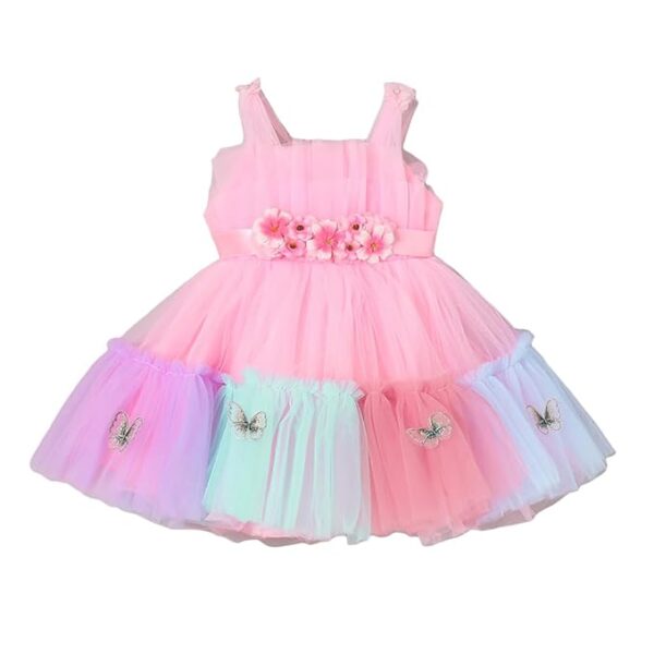 Girls Multi Sleeveless Rainbow Oversized Bow Flower Belt Dress