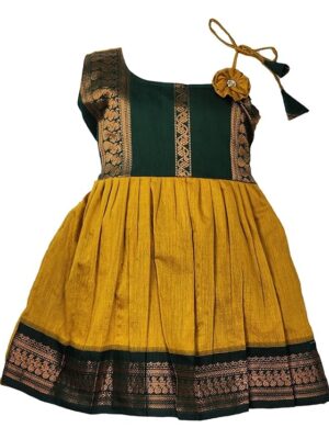 Girl's Traditional Ethnic Wear Kalyani Cotton Flower Knot Frock (Golden Yellow)