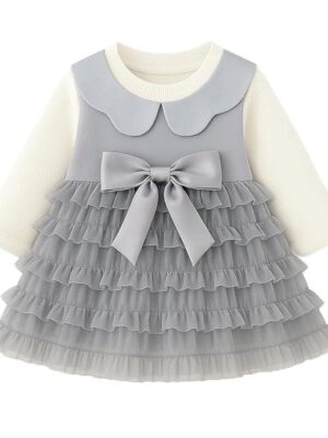 Baby Girl Long Sleeve Princess Dress – Soft Cotton Round Neck Flower Dress for Toddler Girls, Birthday, Party & Casual Wear (Grey AD3)