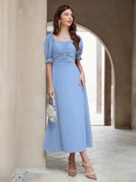 Girl's & Women's Solid A-Line Ruched Puff Sleeve Maxi Long Evening One Piece Long Dress for Women Stylish (Light Blue)