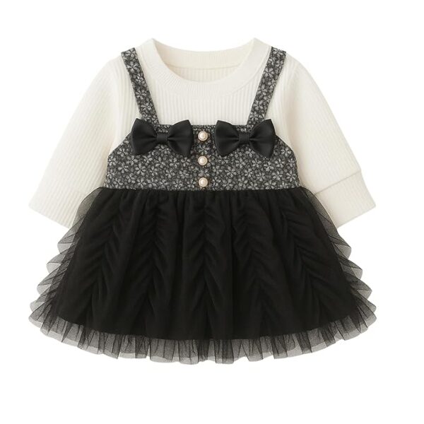 Baby Girl Long Sleeve Princess Dress – Soft Cotton Round Neck Flower Dress for Toddler Girls, Birthday, Party & Casual Wear (Black AD53)