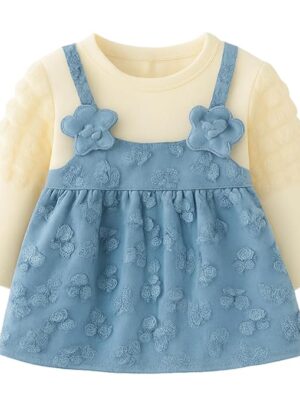 Baby Girl Long Sleeve Princess Dress – Soft Cotton Round Neck Flower Dress for Toddler Girls, Birthday, Party & Casual Wear (Blue AD1)