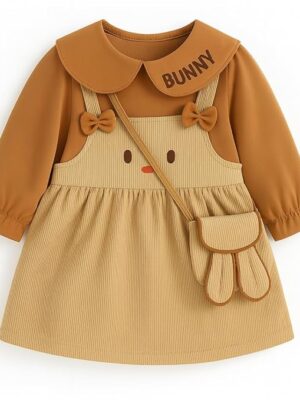 Baby Girl Long Sleeve Princess Dress – Soft Cotton Round Neck Flower Dress for Toddler Girls, Birthday, Party & Casual Wear (Brown Ad41)