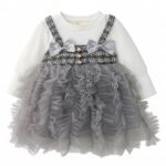Baby Girl Long Sleeve Princess Dress – Soft Cotton Round Neck Flower Dress for Toddler Girls, Birthday, Party & Casual Wear (Grey AD53)