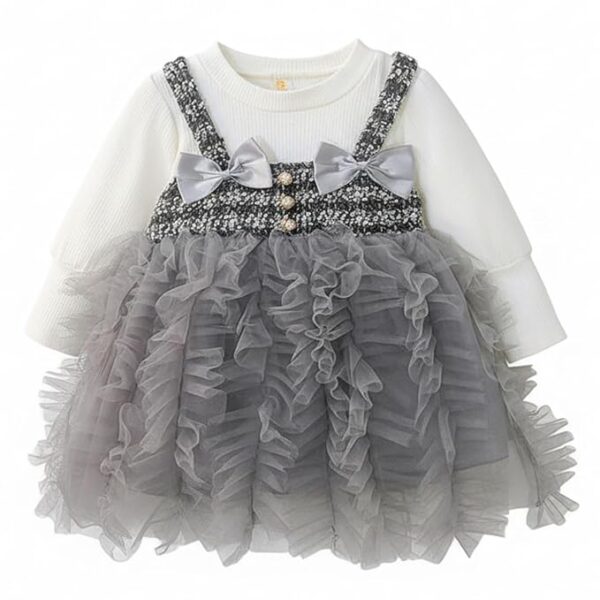 Baby Girl Long Sleeve Princess Dress – Soft Cotton Round Neck Flower Dress for Toddler Girls, Birthday, Party & Casual Wear (Grey AD53)