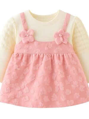 Baby Girl Long Sleeve Princess Dress – Soft Cotton Round Neck Flower Dress for Toddler Girls, Birthday, Party & Casual Wear (Pink AD1)