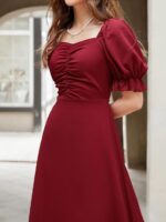 Girl's & Women's Solid A-Line Ruched Puff Sleeve Maxi Long Evening One Piece Long Dress for Women Stylish (Maroon)