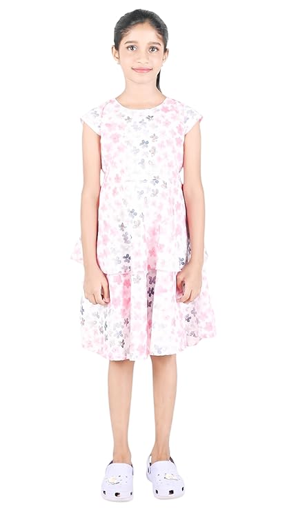 Floral Print Midi Dress, Cap Sleeve, Ruffle Detail, Blue with Pink Flowers