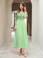 Girl's & Women's Solid A-Line Ruched Puff Sleeve Maxi Long Evening One Piece Long Dress for Women Stylish (Pista)