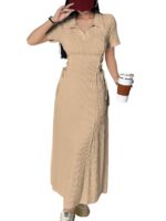 Women’s Solid Color Applique Lace-Up Collared Short Sleeve, Side-Tie Waist Long Casual Maxi Women Dress Outfit Long Evening Midi Western Party Dress for Women
