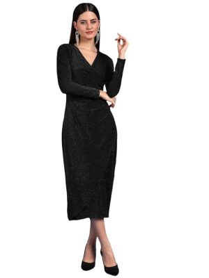 Women's Stylish Casual Evening Textured Full Sleeve V-Neck Bodycon Body Fitted Midi Dress, Maroon