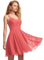Solid A-Line V-Neck Chiffon Homecoming & Prom Party Dress – Short Ruffle Mini Cocktail Dress with Spaghetti Straps, Back Zip and Lining（Peach）