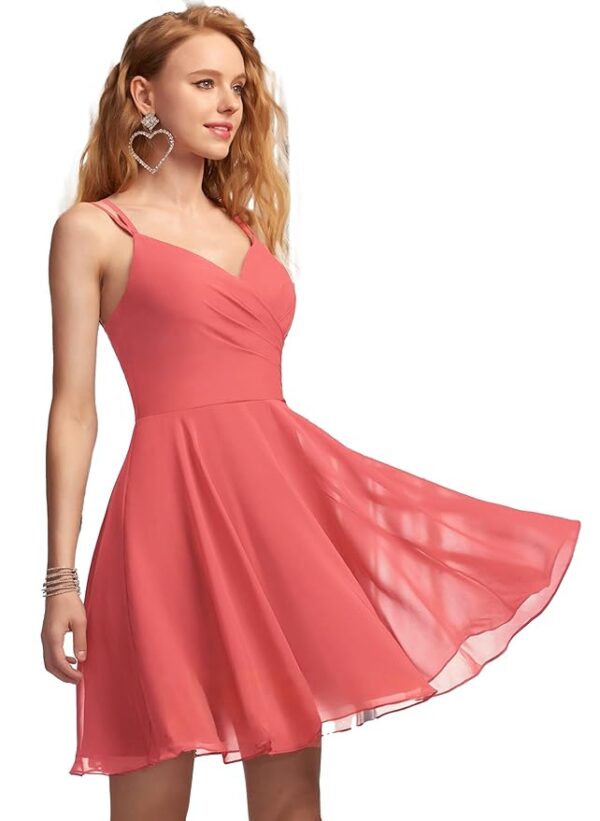 Solid A-Line V-Neck Chiffon Homecoming & Prom Party Dress – Short Ruffle Mini Cocktail Dress with Spaghetti Straps, Back Zip and Lining（Peach）