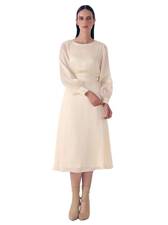 Women Fit and Flare Solid Boat Neckline Full-Length Sleeves Midi Dress