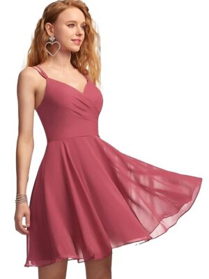 Solid A-Line V-Neck Chiffon Homecoming & Prom Party Dress – Short Ruffle Mini Cocktail Dress with Spaghetti Straps, Back Zip and Lining（Wine）