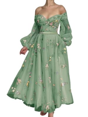 Women's Puffy Sleeve Tulle Prom Dresses Tea Length Pink Flower Lace Formal Evening Gowns