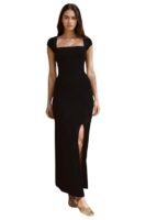 Black Lahariya Print Bodycon Maxi Dress with Square Neck and Front Slit