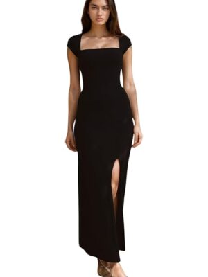 Black Lahariya Print Bodycon Maxi Dress with Square Neck and Front Slit