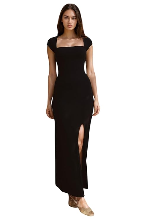 Black Lahariya Print Bodycon Maxi Dress with Square Neck and Front Slit