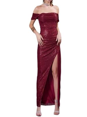Sexy Sequin Off-Shoulder High Slit Backless Prom Gown Cocktail Party Dress for Women Claret (Red)