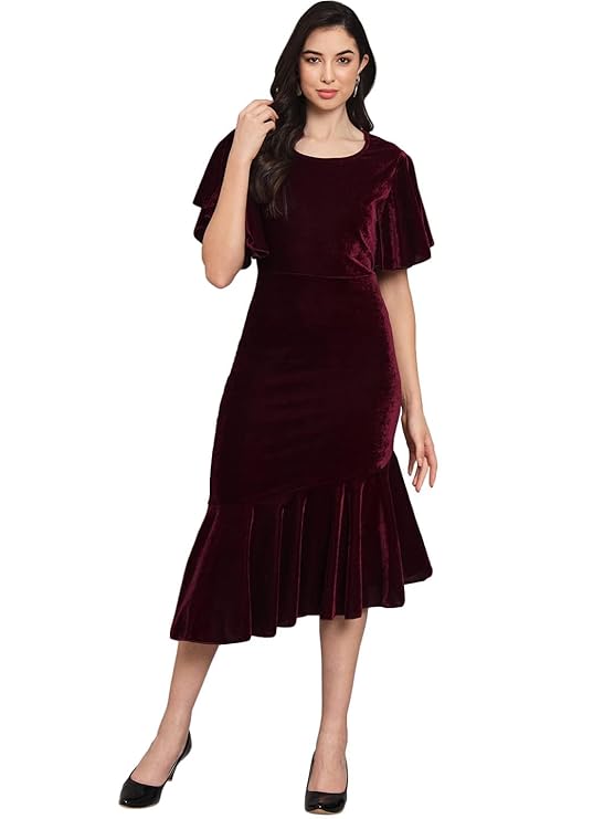 Party Dress for Women Ruffles Sleeves | Shiny Velvet Fabric Fish Cut Ruffle Bottom Detailing Stylish Casual Outfit