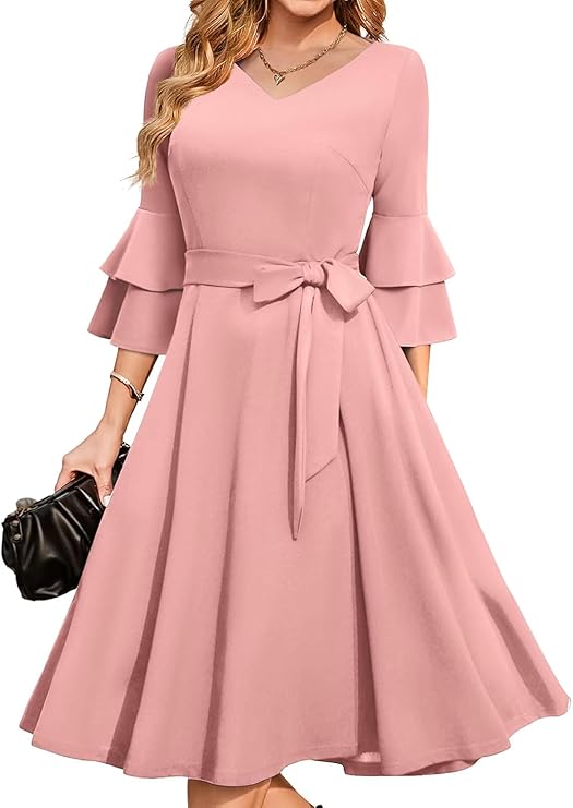 Women's Plus Size 3/4th Bell Sleeves Bridesmaid Dresses （Pink）