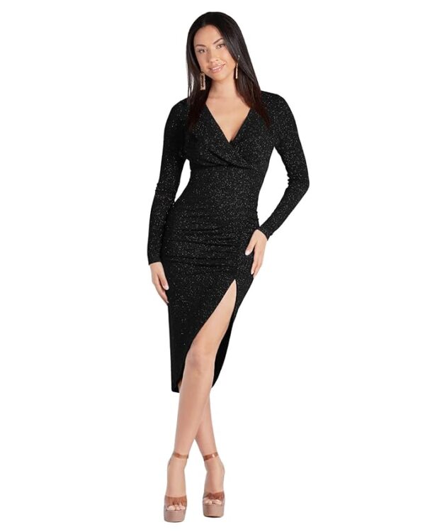 V-Neck Long Sleeve Lurex Gliter Solid Front Slit Front Ruched Seam Bodycon Above Knee Length Women Dress