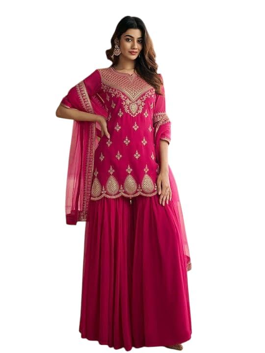 Women’s Georgette Sharara Set with Dupatta | Embroidered Short Kurti with Half Sleeves | Party, Ethnic Dress for Wedding, Haldi & Festive Occasions