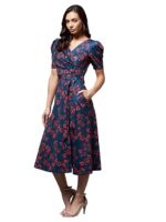 Women's Multicolored-Base-Blue V-Neck Pleated Puff Sleeve Floral Wrap Midi Polyester Dress (Multicolored Base-Teal)