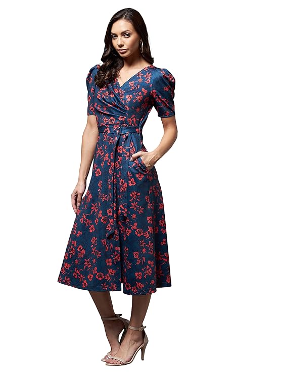 Women's Multicolored-Base-Blue V-Neck Pleated Puff Sleeve Floral Wrap Midi Polyester Dress (Multicolored Base-Teal)